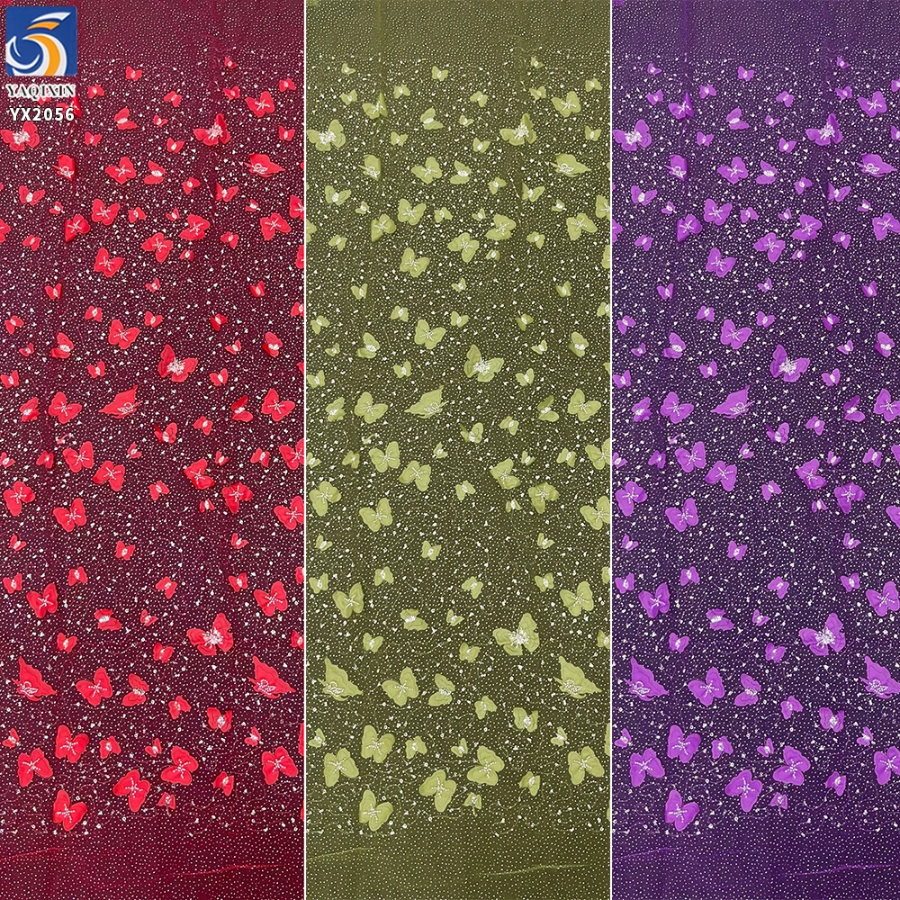 YX2056 2025 New 3D Butterfly Flower Bead Embroidery Tulle Fabric With Sequin Fashion Lace Fabric for Wedding - 图片 2