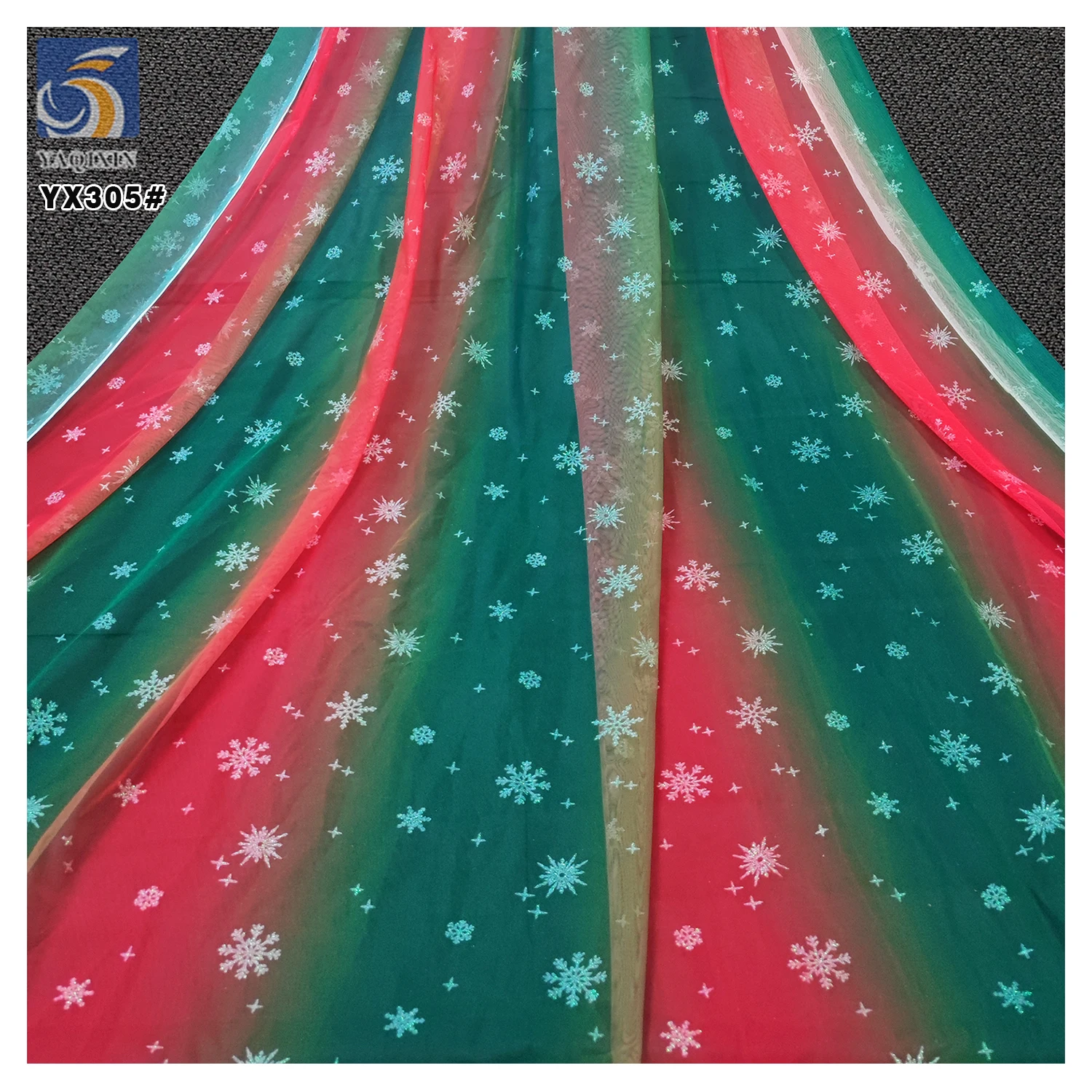 YX305 Customized 30D Tulle Printed Fabric With Red and Green Christmas Snowflake Pattern Fabric for Princess Dress - 图片 3