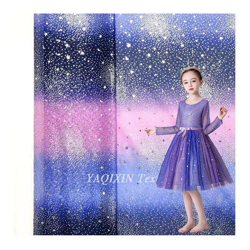 YX2118 Blue Pink Black Three-Color Ombre Tulle Fabric Wedding Dress Iridescent Sequins Dot Star Mesh Tulle Lace Fabric