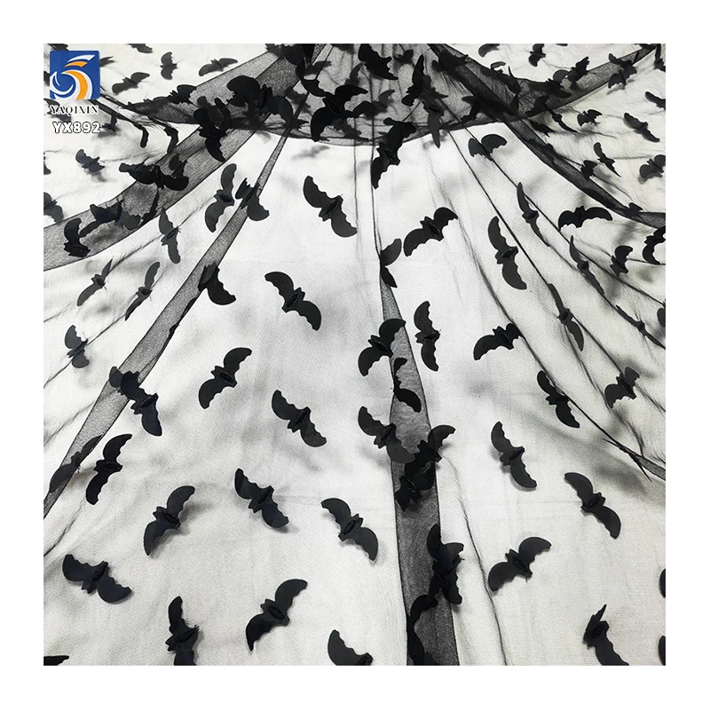 YX892-1 Holidays Tulle Purple/Orange Embroidered Halloween Bat Mesh Tulle Fabric for Girls Skirt Decoration - 图片 6