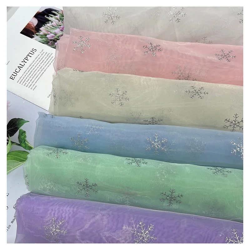 Wholesale Pink Soft Tulle Snowflake Glitter Mesh Tulle Fabric for Christmas Decors