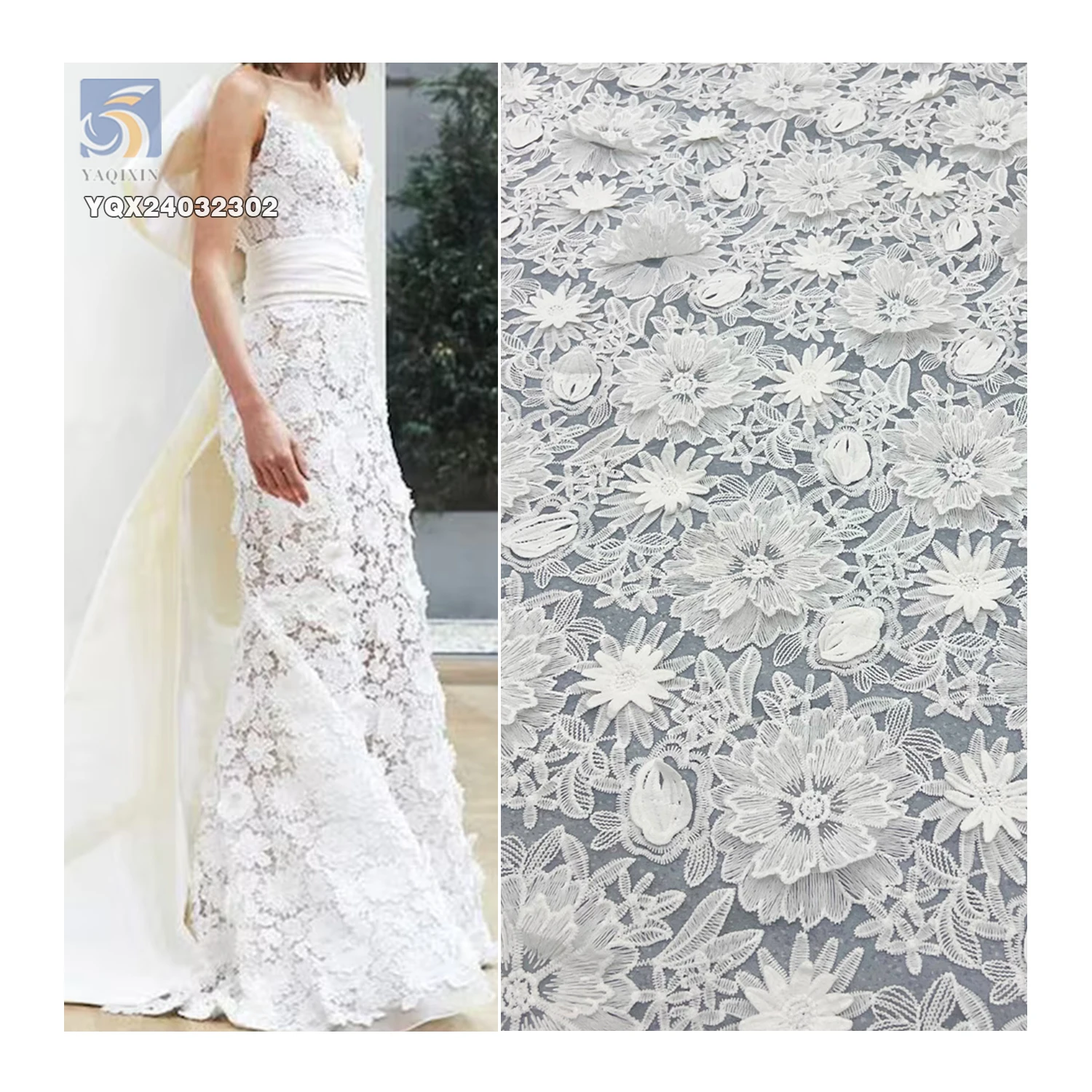 Wholesale Price 3D Embroidery Flower Organza Fabric Water Soluble Milk Lace Fabric for Dresses & Weddings Made in China - 图片 3