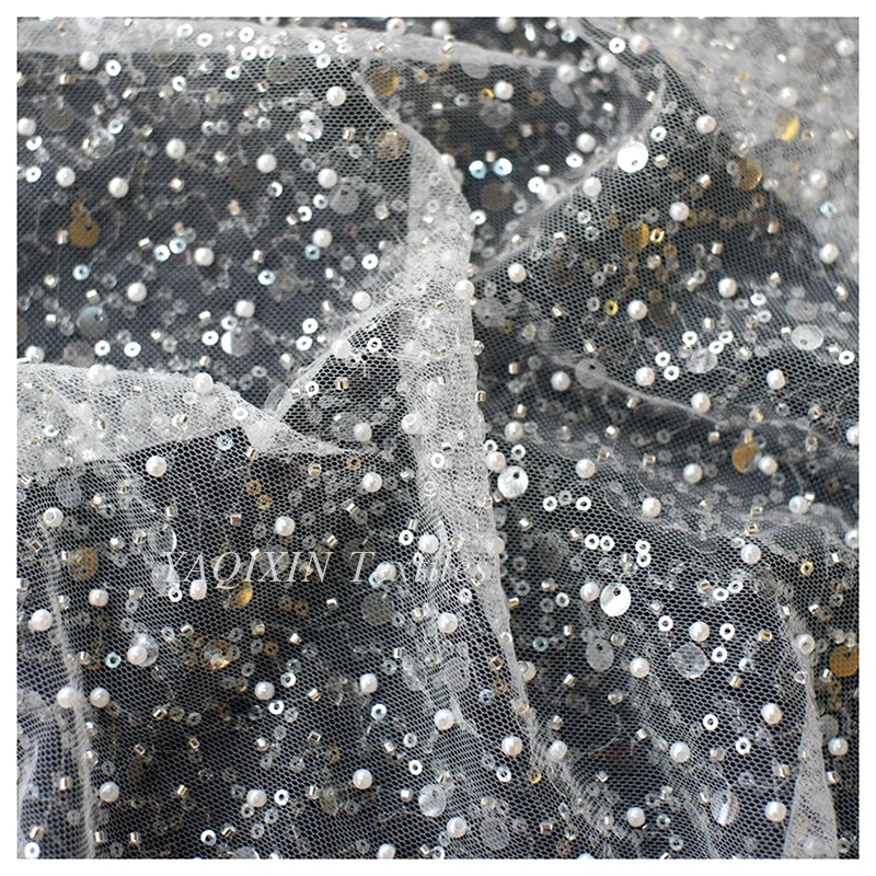 DELACE Cheap Golden Glitter Bridal Lace Fabric With Pearl 3D Beads Embroidery Crystal Sequins Lace Fabric for Wedding Dress - 图片 5