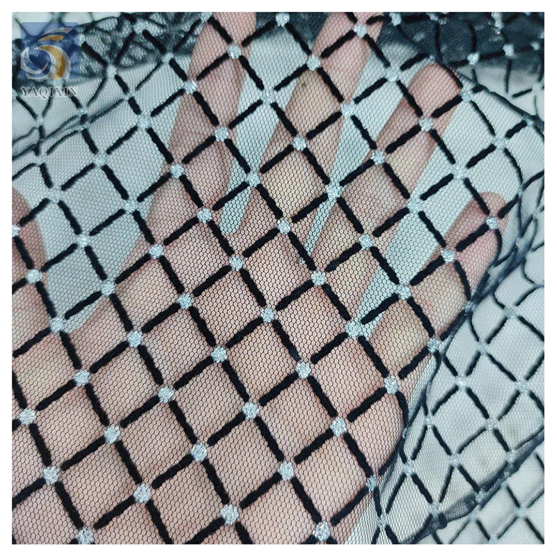 Direct Sales Square Plaid Flocking 36A Polyester Soft Net Mesh Fabric Gold Sparkle Glitter Dot on Tulle Mesh Fabric for Dress - 图片 3