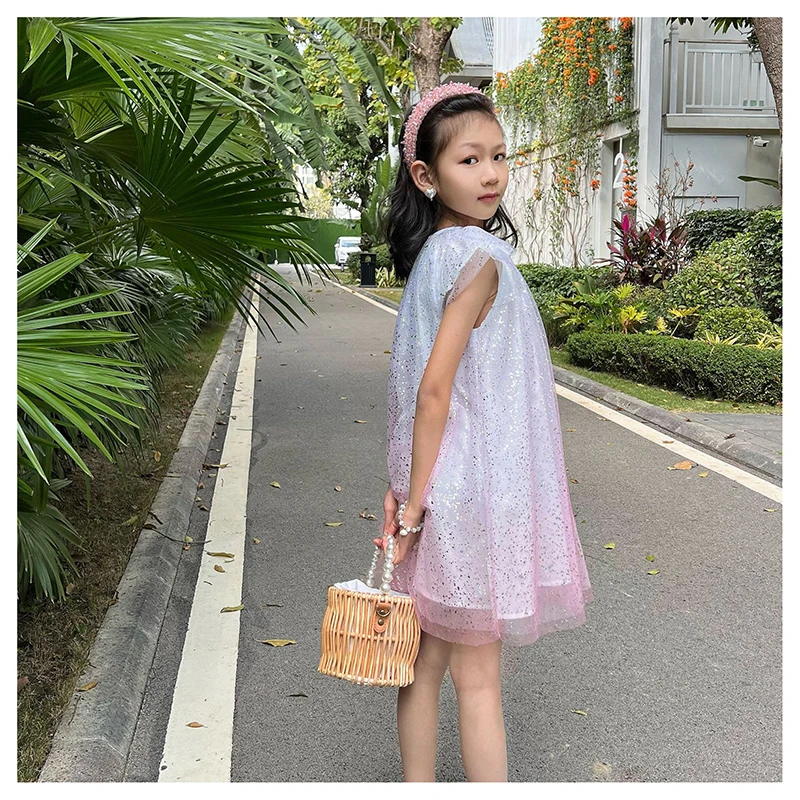 Blue White Ombre Tulle Mesh Knitted Digital Print Poly Fabric with Silver Glitter Dots Fabric Baby Girl Dress Skirt Fabric - 图片 6