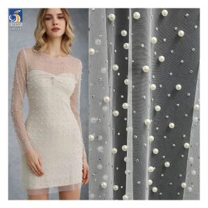 Luxurious Bead Wedding Tulle Mesh Lace Fabric with Pearl Diamond High Quality Handcrafted Dense 3D Beads