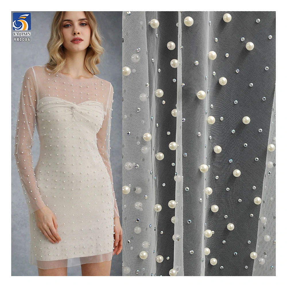 Luxurious Bead Wedding Tulle Mesh Lace Fabric with Pearl Diamond High Quality Handcrafted Dense 3D Beads