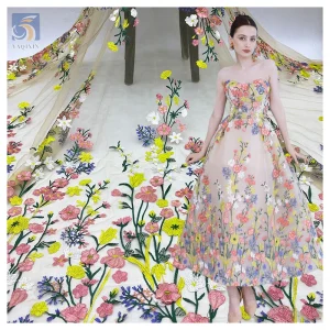 YX2406 China Wholesale 3D Flower Embroidered Lace Tulle Fabric Floral Fall Yellow Luxury Embroidered Fabric for Clothes