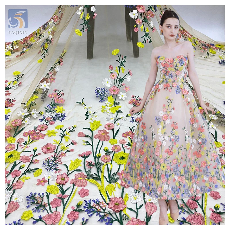 YX2406 China Wholesale 3D Flower Embroidered Lace Tulle Fabric Floral Fall Yellow Luxury Embroidered Fabric for Clothes