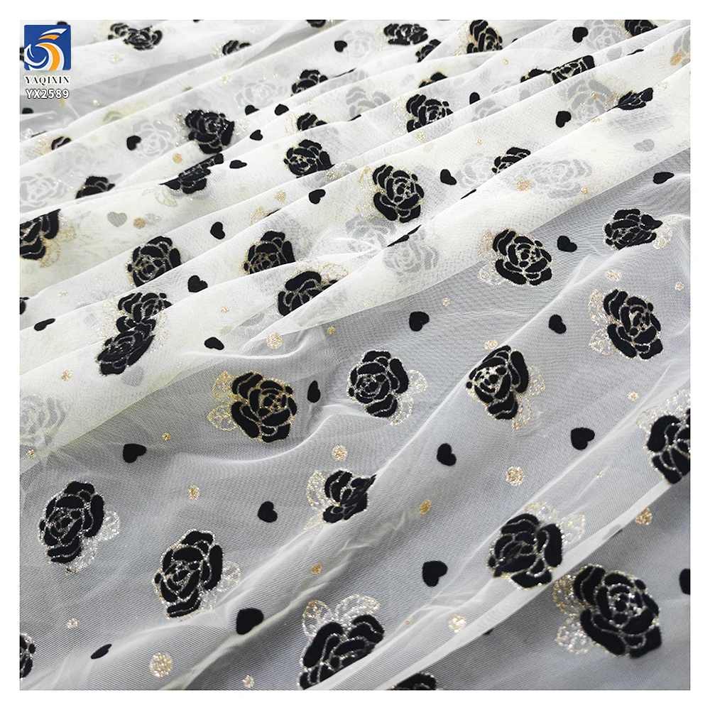 Latest Flashy Tulle Fabric Black Gold Glitter Rose Flowers Flocked Mesh Fabric Tulle 5 Yards High Quality - 图片 2