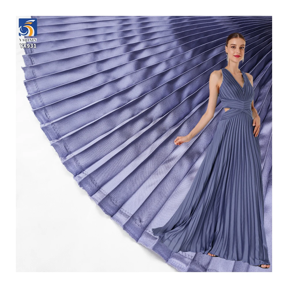 YX931 Lilac 3cm 100 Polyester Satin Pleated Fabric Stretch Glossy Silk Satin Accordion Pleated Fabric for Ladies Dresses