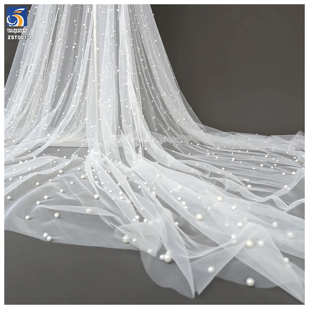 Wholesale White 3D Beaded Pearl Tulle Fabric for Wedding Dress/Veil - 图片 3