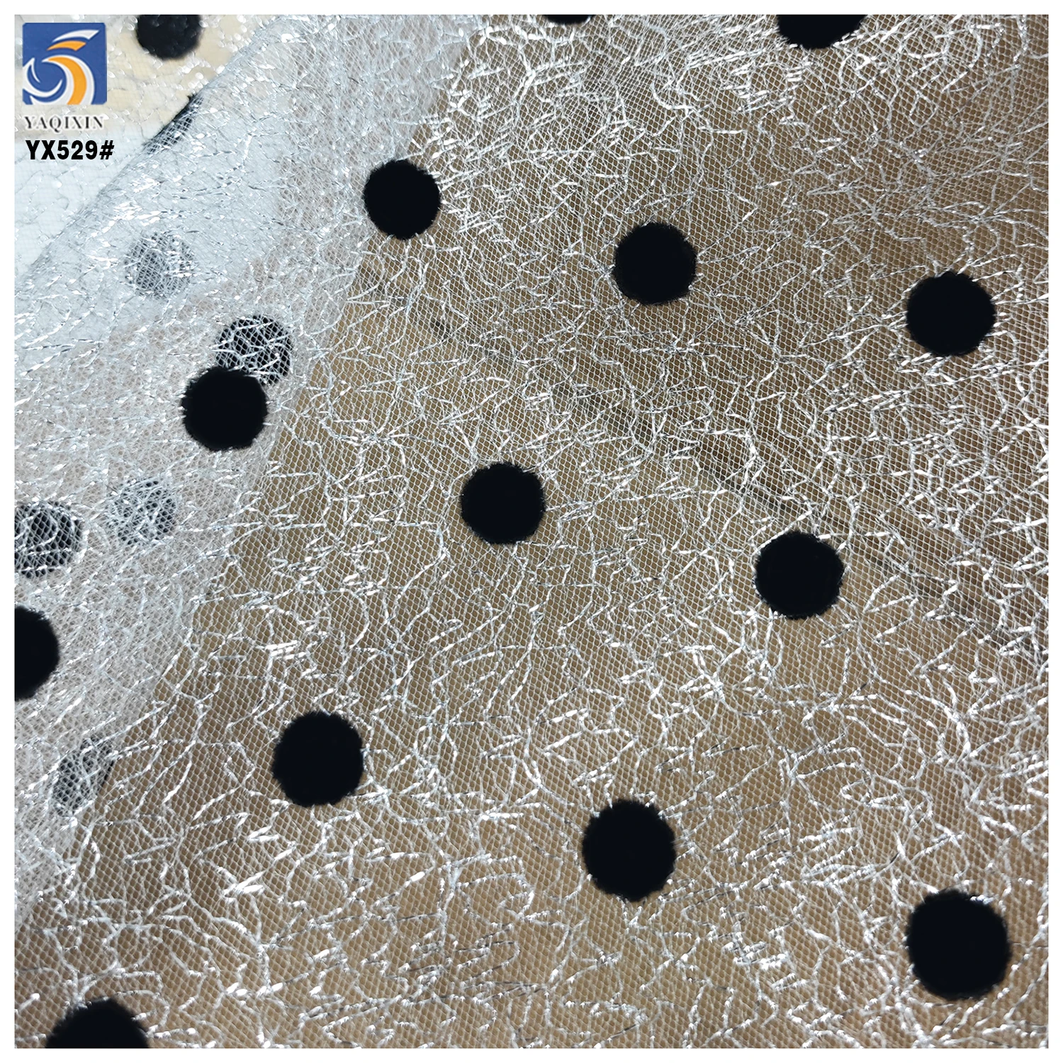 YX529 China 2025 New Technology Fabric Polyester Black Flocking Mesh Fabric 1cm Polka Dot Fabric for Dresses - 图片 3