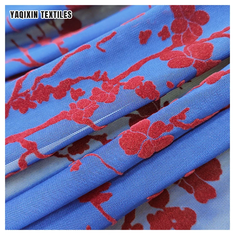 Royal Blue 92 Polyester 8 Spandex 4 Way Stretch Power Mesh Fabric Flocked Red Rose Flower Mesh Lace Fabric 2026 - 图片 6