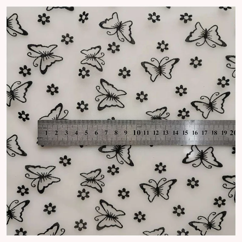 Butterfly Flower Flocking Printed Voile Tulle Fabric Black Velvet Flocked Mesh Lace Fabric for Women Dress - 图片 4