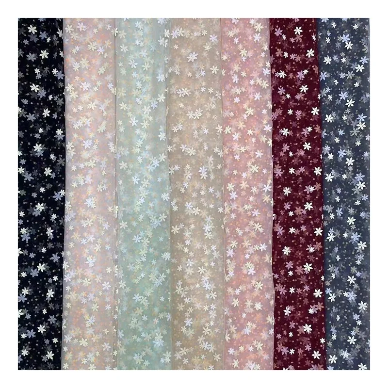 Summer Custom Lovely White Six-Petal Floral Printing Mesh Tulle Baby Dress Fabric Gold Dot Glitter Tulle - 图片 3