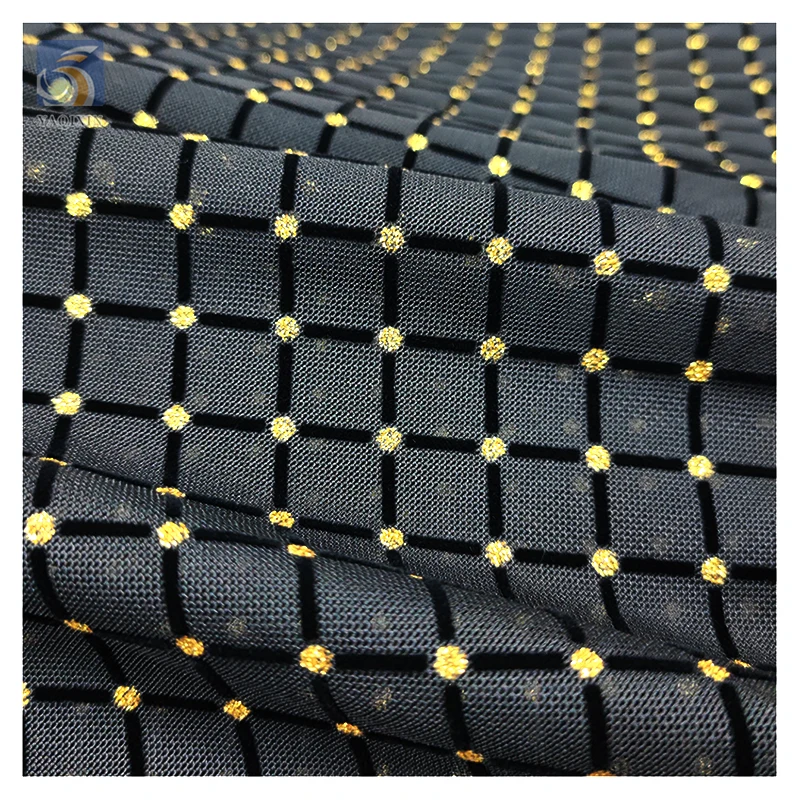 Hot Women Black Lace Dress Fabric Nylon Tulle Flocking Stretch Mesh Fabric - 图片 4