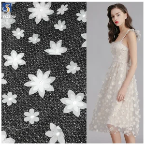 White 3D Small Flowers Embroidery Mesh Wedding Lace Fabric Lolita Clothing Sparkle Glitter Net Tulle Fabric