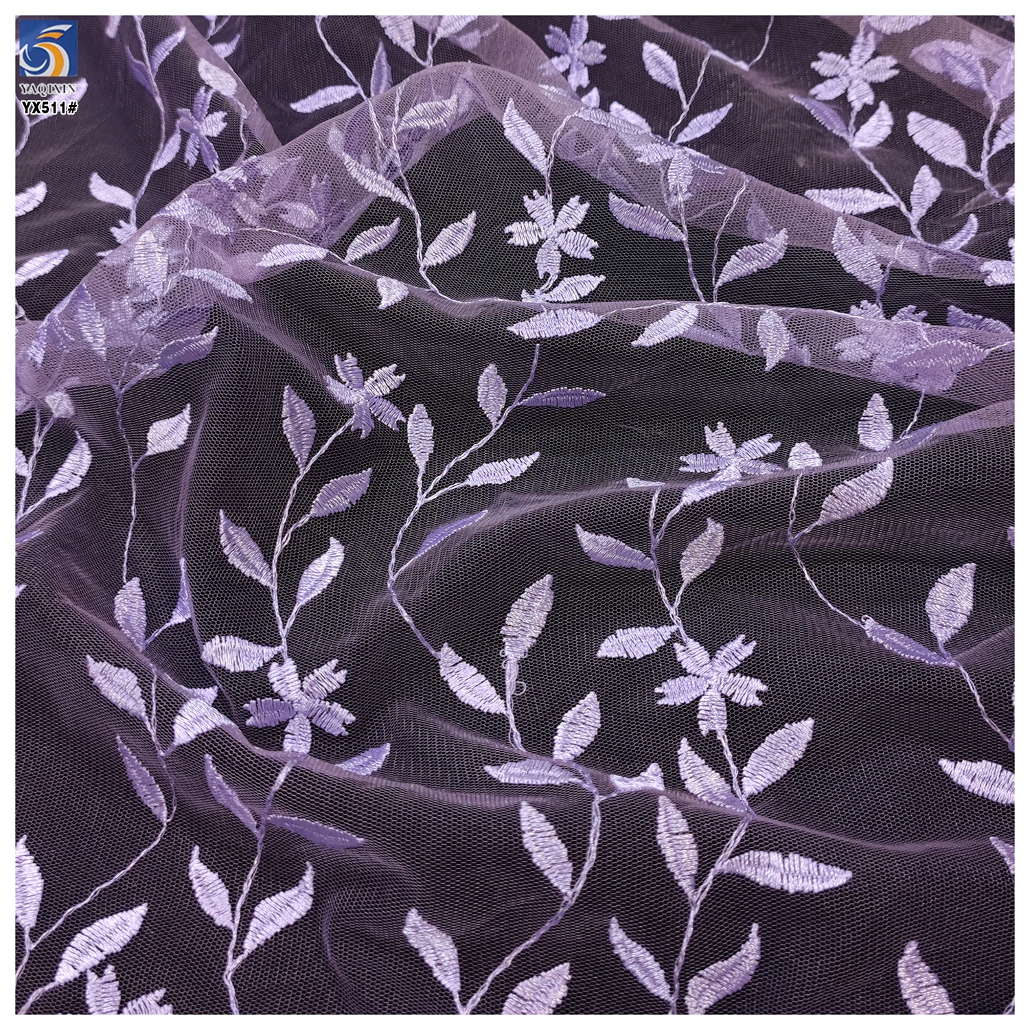 YX511 New Design Embroidery Fabric 2025 100% Polyester Leaf Pattern Embroidered Purple Tulle Mesh Fabric - 图片 4