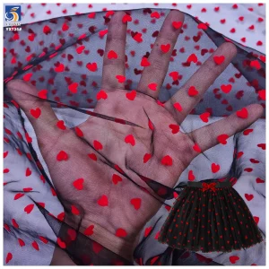 YX735 Sexy Design Polyester Flocked Tulle Fabric With Heart Breathable Knitted Mesh Net Fabric for Girls' Skirts and Bags