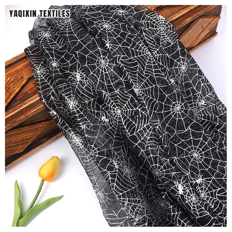 New Pumpkin Bat Spider Web Printed Tulle Mesh Fabric Black Polyester Gold Silver Glitter Print Tulle Fabric Halloween - 图片 6