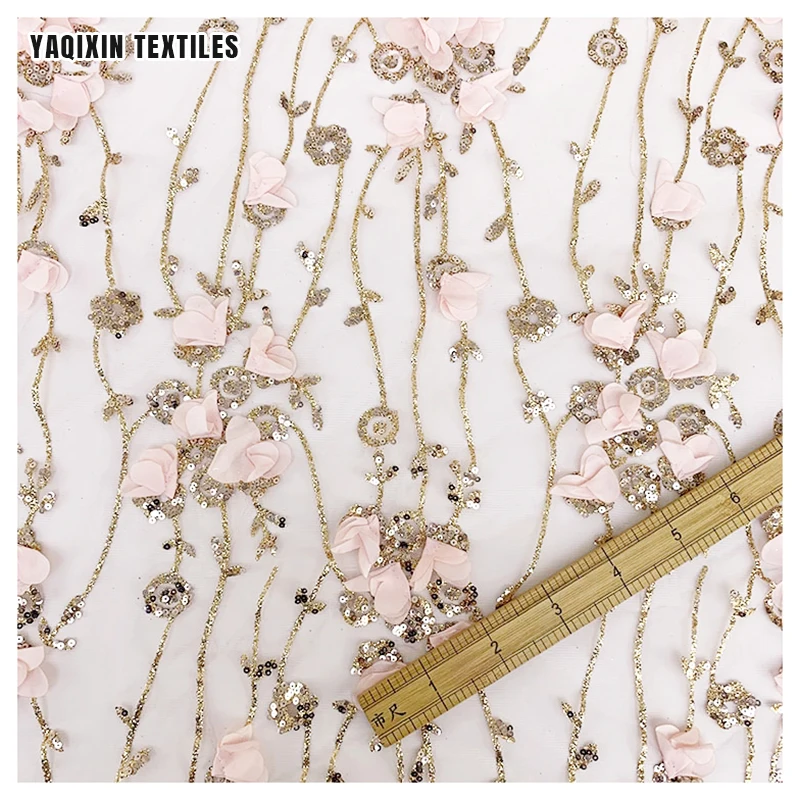 New Telas De Encaje De Flores 3D Pink Floral Glitter Lace Tulipanes Flowers Embroidered Tulle Lace Fabric for Quinceanera Dress - 图片 6