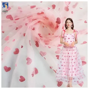 Sweet Pink Love Heart Pattern Glitter Print Tulle Fabric Lace Girl Casual Dress Fabric