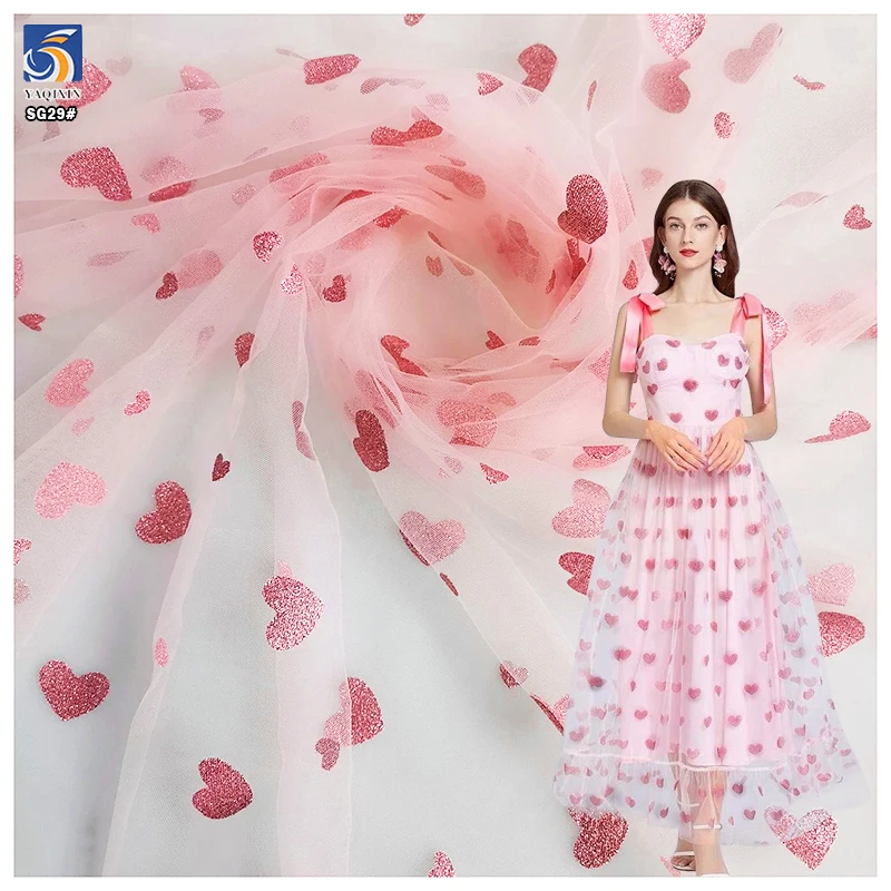 Sweet Pink Love Heart Pattern Glitter Print Tulle Fabric Lace Girl Casual Dress Fabric
