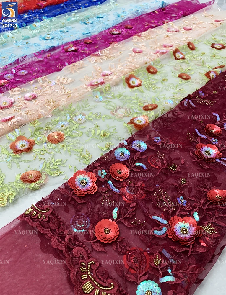 YX1223 Burgundy French Embroidered Lace Textile Fabric 3D Floral Embroidered Tulle Lace Fabric With Competitive Prices - 图片 5