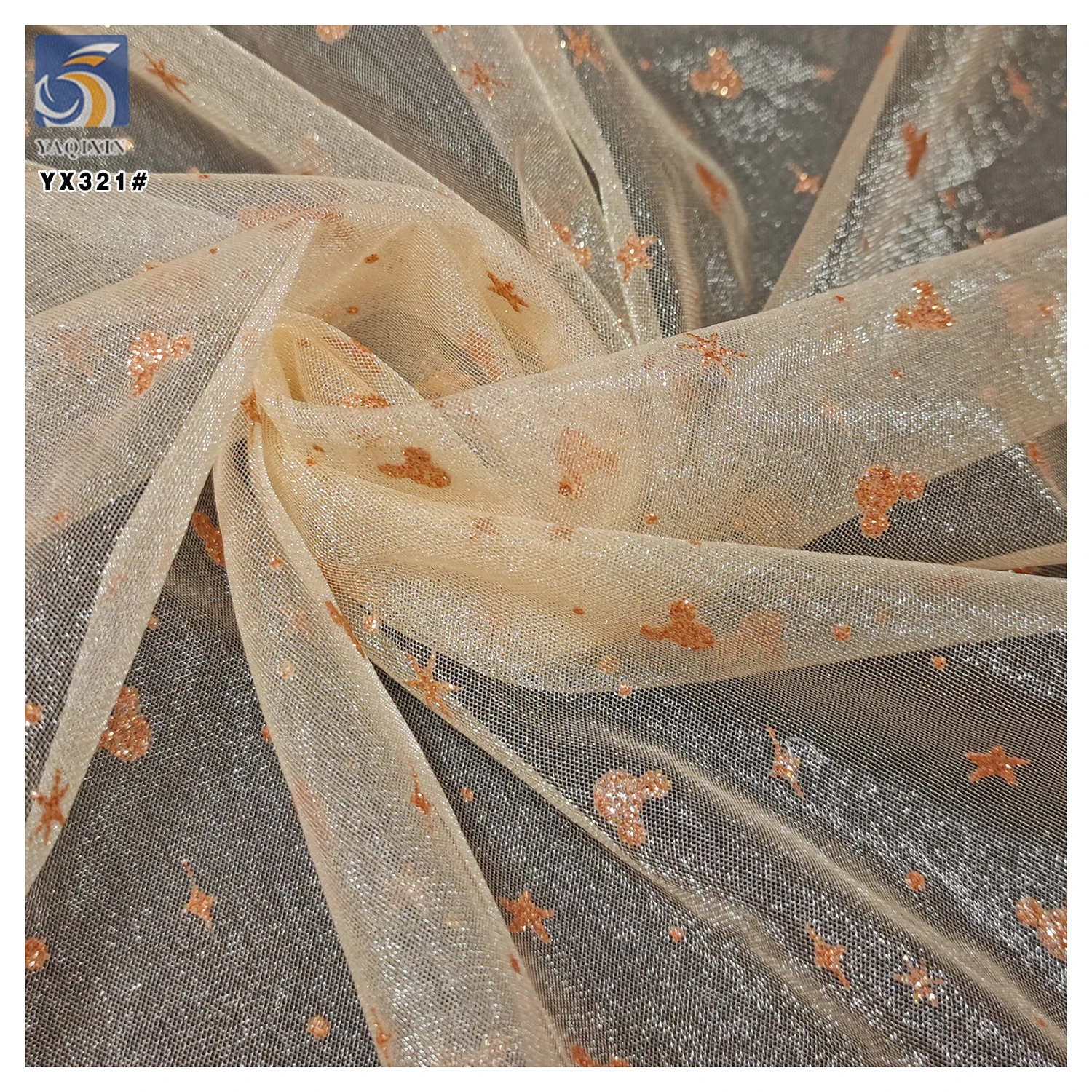 YX321 Latest Design 100% Polyester Glossy Tulle with Glitter Dust and Mickey Star Pattern Mesh Tulle Fabric - 图片 2