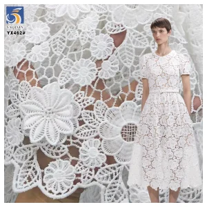 YX462 Wholesale 100 Polyester 3D Applique Lace Embroidery Fabric Poly Water Soluble Milk Silk Lace White Fabric