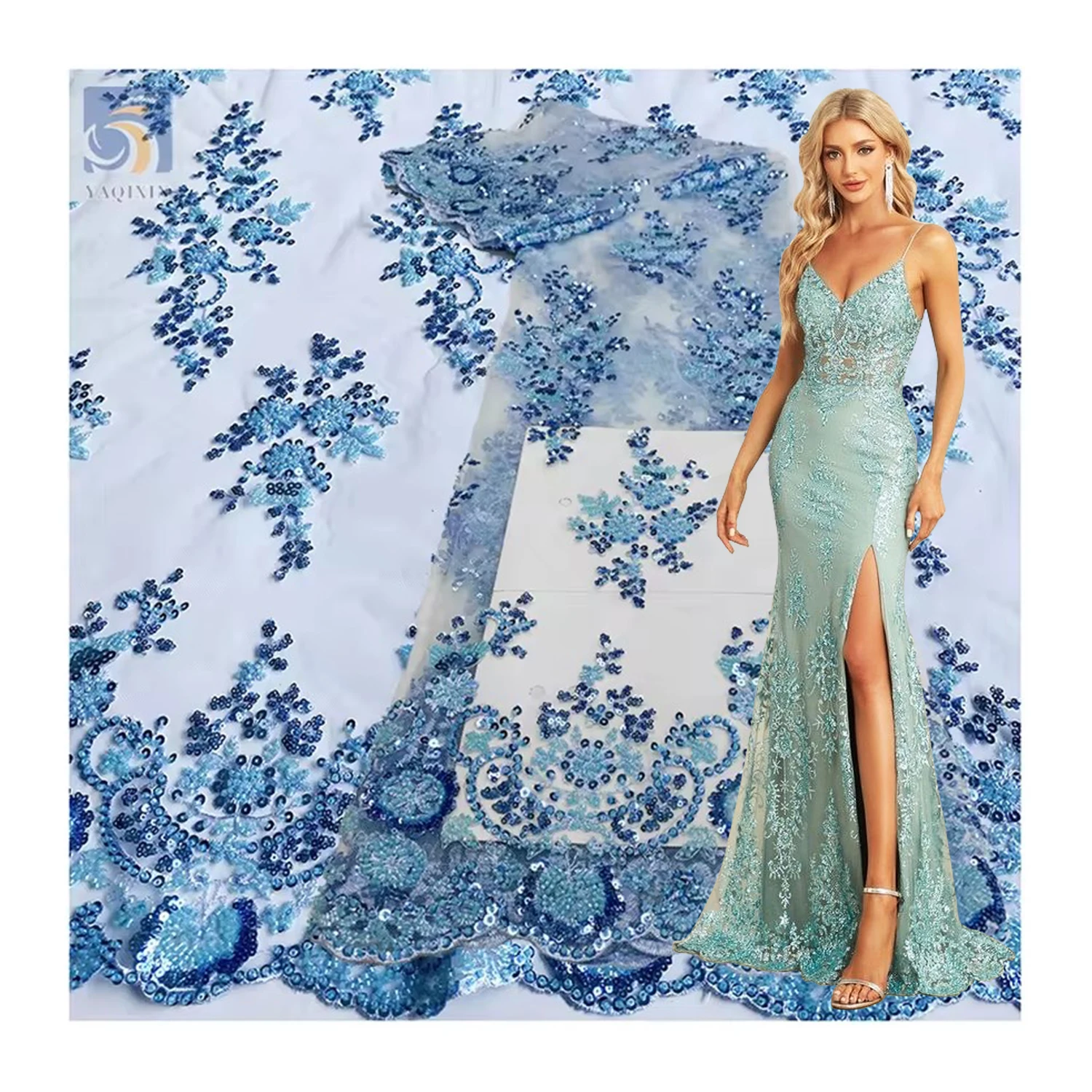 YX2583 Modern Novel Design Low Price Royal Blue Lace Fabric Bead Sequin Blue Embroidered Lace Fabric 5 Yards