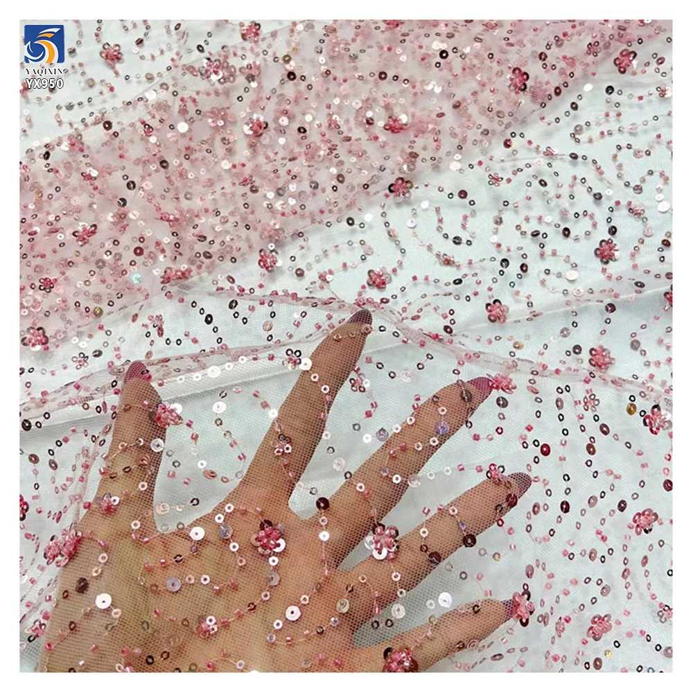 YX950 Cheap Embroidery Multicolor Sequins Beads Lace Fabric Textiles Online Wholesale Mesh Sequins Embroidered Lace Fabric - 图片 3