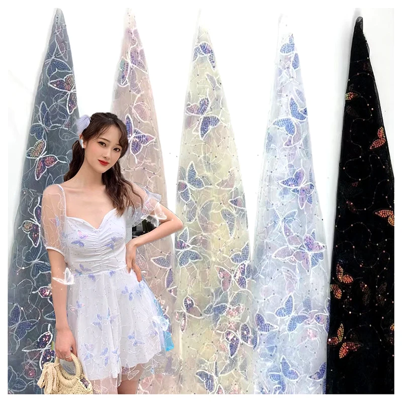 DX08 Custom Polyester Soft Tulle Mesh Butterfly Fabric Dress Embroidery Shiny Sequin Butterfly Tulle Netting Fabric - 图片 6