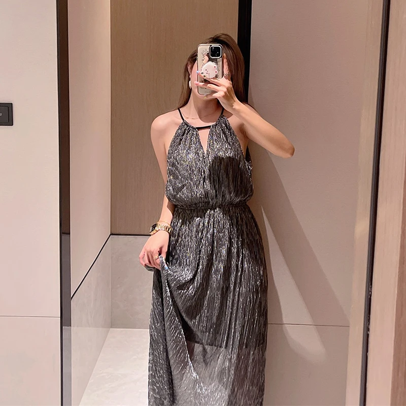 New Fashion Dance Dress Crepe Fabric 100%Polyester Knitted Strip Pleats Shiny Stretch Lurex Mesh Fabric - 图片 4