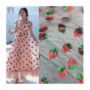 Lovely Strawberry Embroidery Tulle Fabric Sequin Tulle Strawberry Sequin Embroidered Mesh Fabric