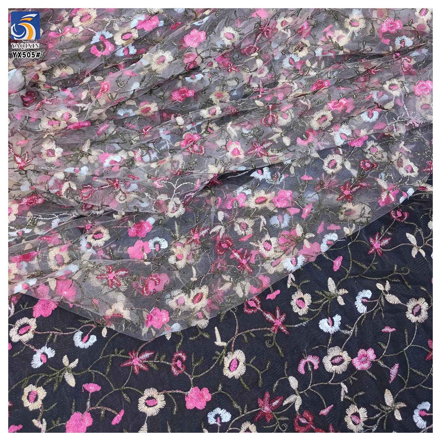YX505 New Design Pink White Floral Polyester Mesh Colorful Embroidery Tulle Fabric - 图片 5