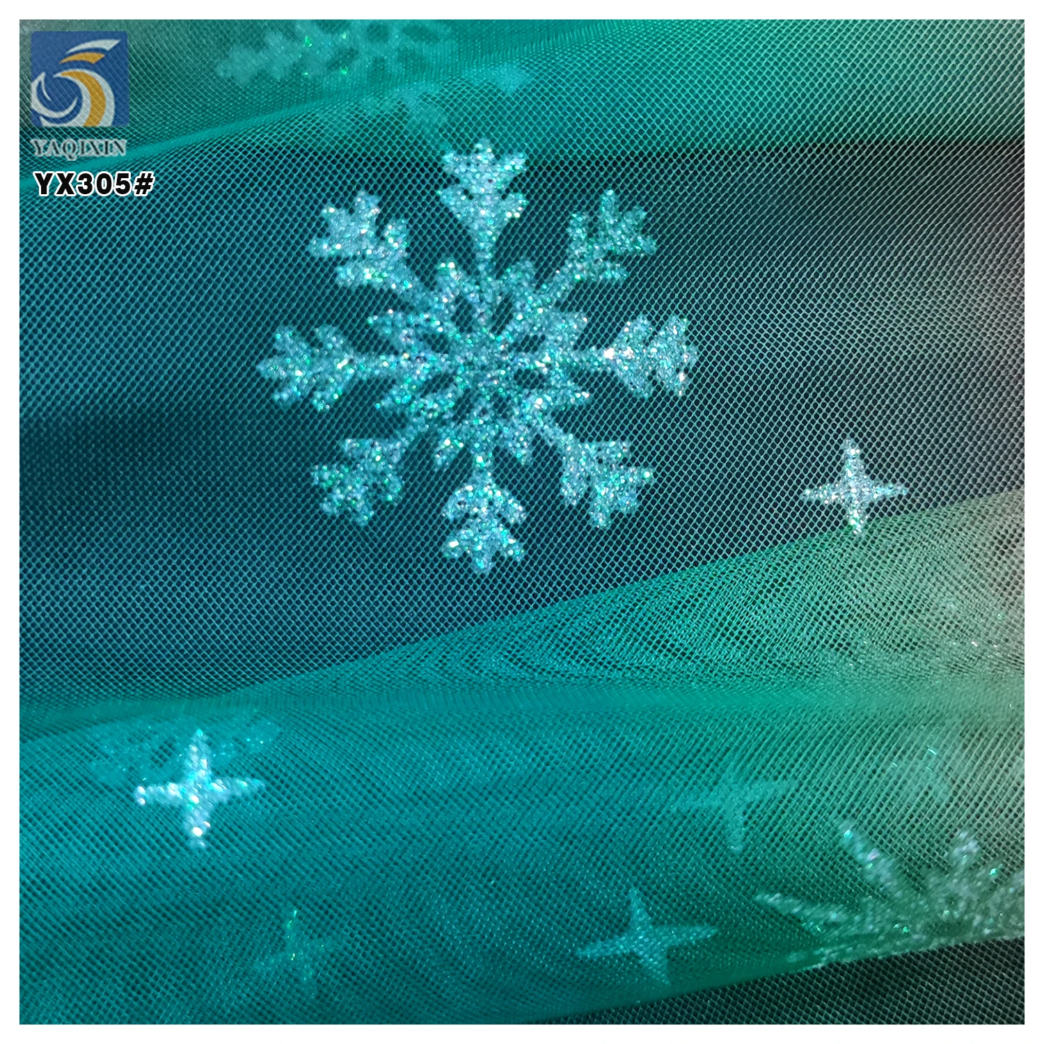 YX305-1 Non-shedding Glitter Rainbow Snowflakes Tulle Fabric Polyester Mesh Christmas Holiday Fabric for Kids - 图片 6