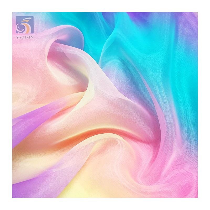 New Design Stiff Organza Rainbow Gradient Fabric Polyester Digital Print Iridescent Organza Fabrics for Clothing - 图片 6