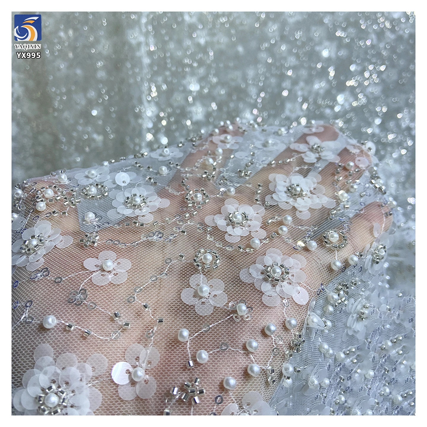 YX995 Ceramic White Sequins Lace Fabric for French Wedding Heavy-duty High-quality Florals Sequin Embroidery Lace Fabric - 图片 4