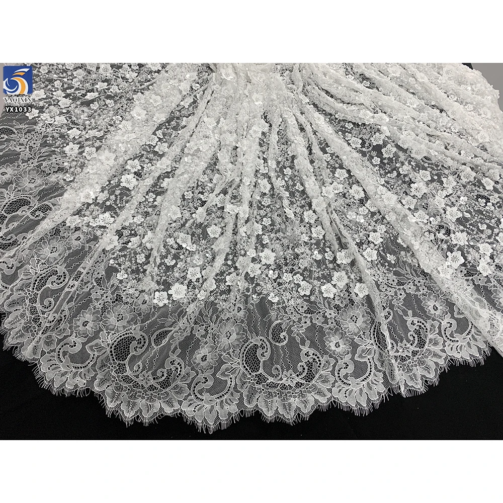 YX1033 New Materials 300CM*150CM Florals Sequins Beads Pearls 3D White Eyelash Lace Fabric for Women's Party Dress Wedding - 图片 4