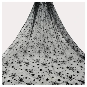 Free Samples Black Star Flocking Tulle Mesh Lace Fabric Glitter Polyester Material with Pattern Design for Girls' Garments
