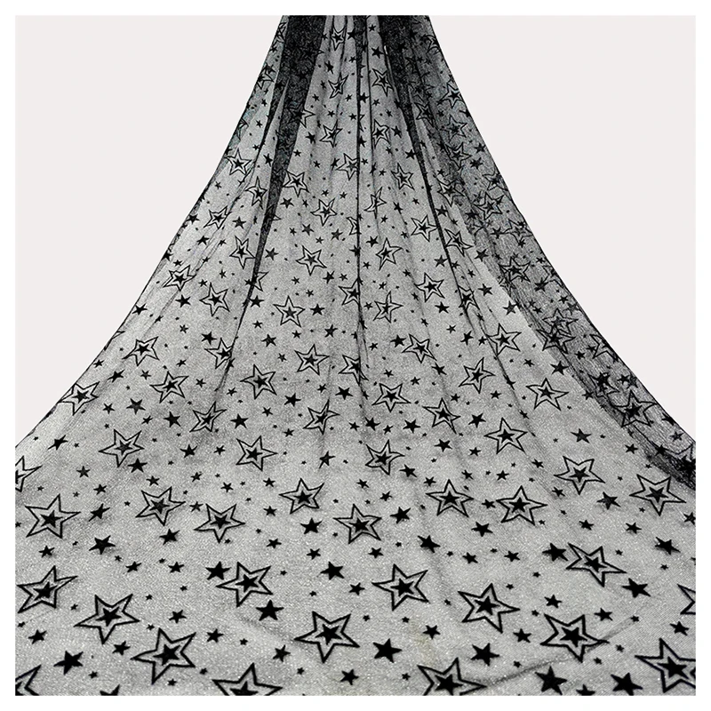 Free Samples Black Star Flocking Tulle Mesh Lace Fabric Glitter Polyester Material with Pattern Design for Girls' Garments