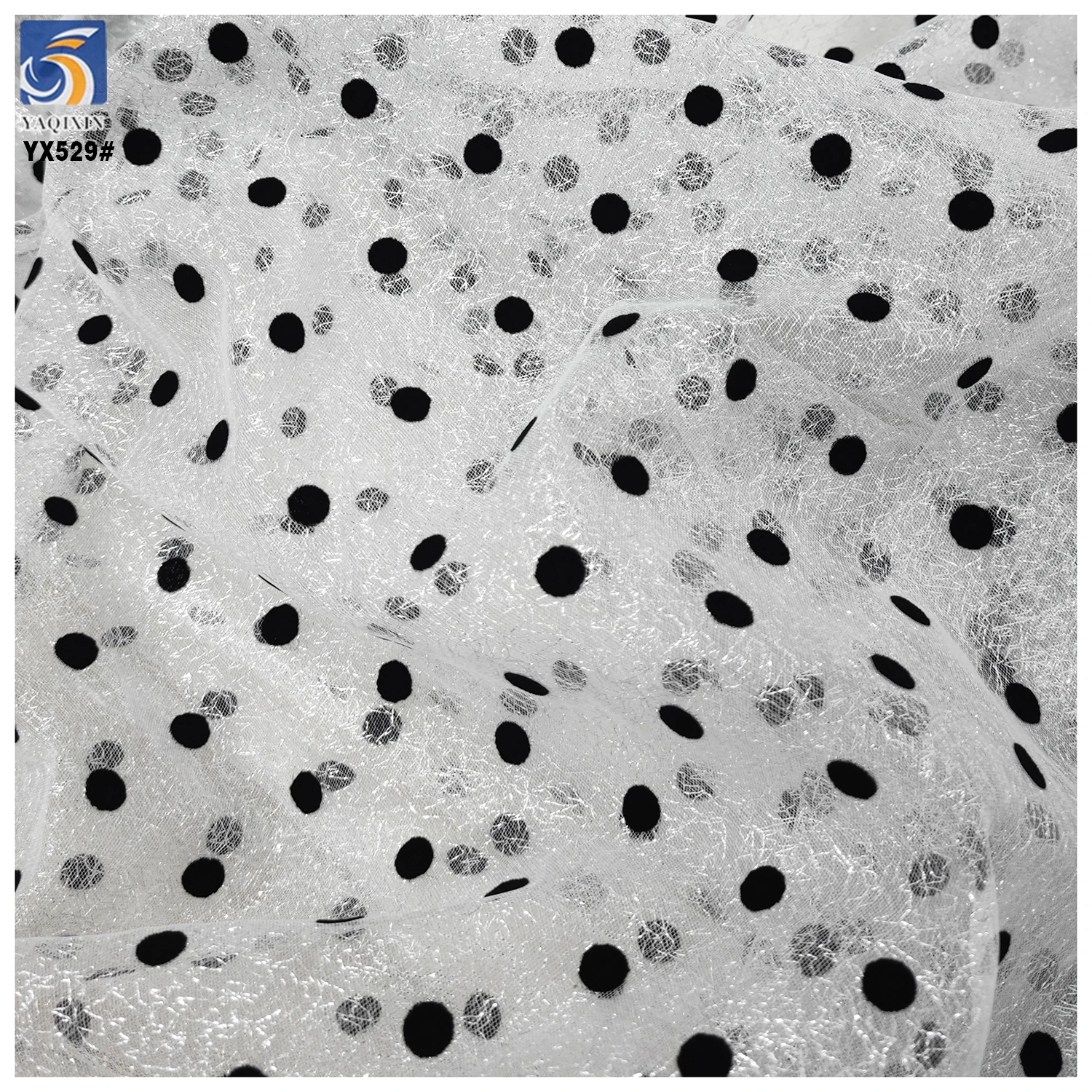 YX529 China 2025 New Technology Fabric Polyester Black Flocking Mesh Fabric 1cm Polka Dot Fabric for Dresses - 图片 5