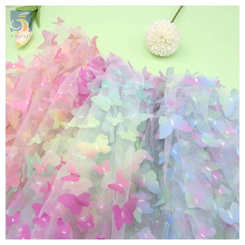 TDS003 Colorful Gradient 3D Butterfly Design Tulle Lace Fabric Baby Dress Fabric - 图片 3