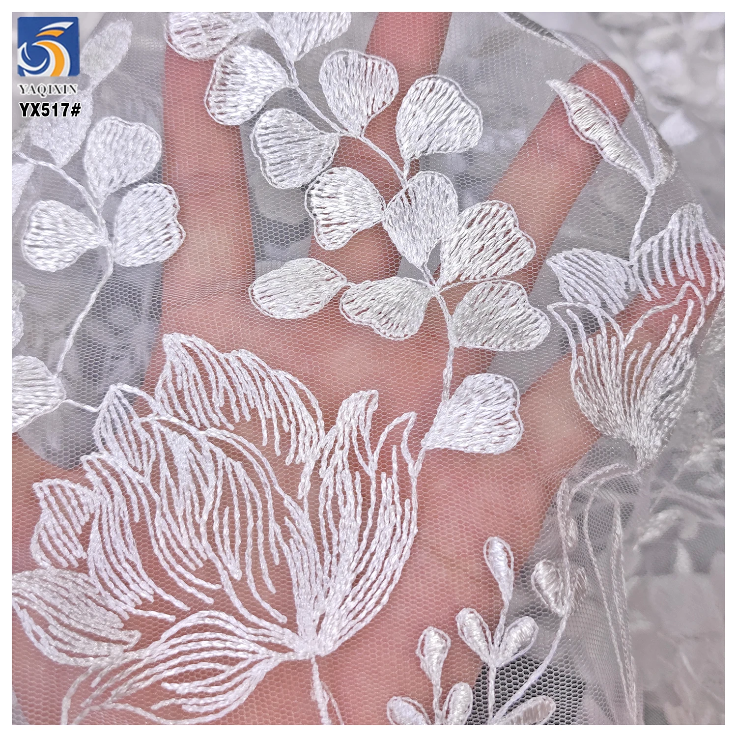 YX517 2025 China Factory Plain White Net Embroidered Flower Fabric Soft Tulle Lotus Flowers Embroidered White Fabric - 图片 3