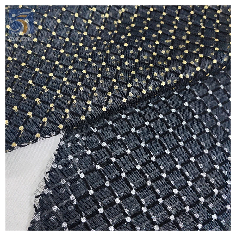 Direct Sales Square Plaid Flocking 36A Polyester Soft Net Mesh Fabric Gold Sparkle Glitter Dot on Tulle Mesh Fabric for Dress - 图片 6