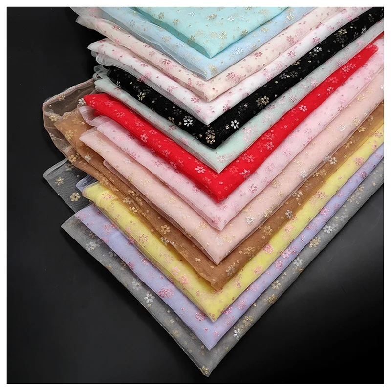 Sparkle Glitter Two-Color Small Cherry Blossoms Floral Polyester Tulle Mesh Fabric - 图片 3