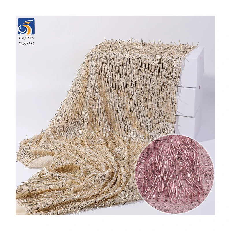 YX826 Latest Mesh Embroidery 3mm Sequins and Tube Sequins Fabric 400gsm Metallic Sequin Fabric for Suspender Skirt Party