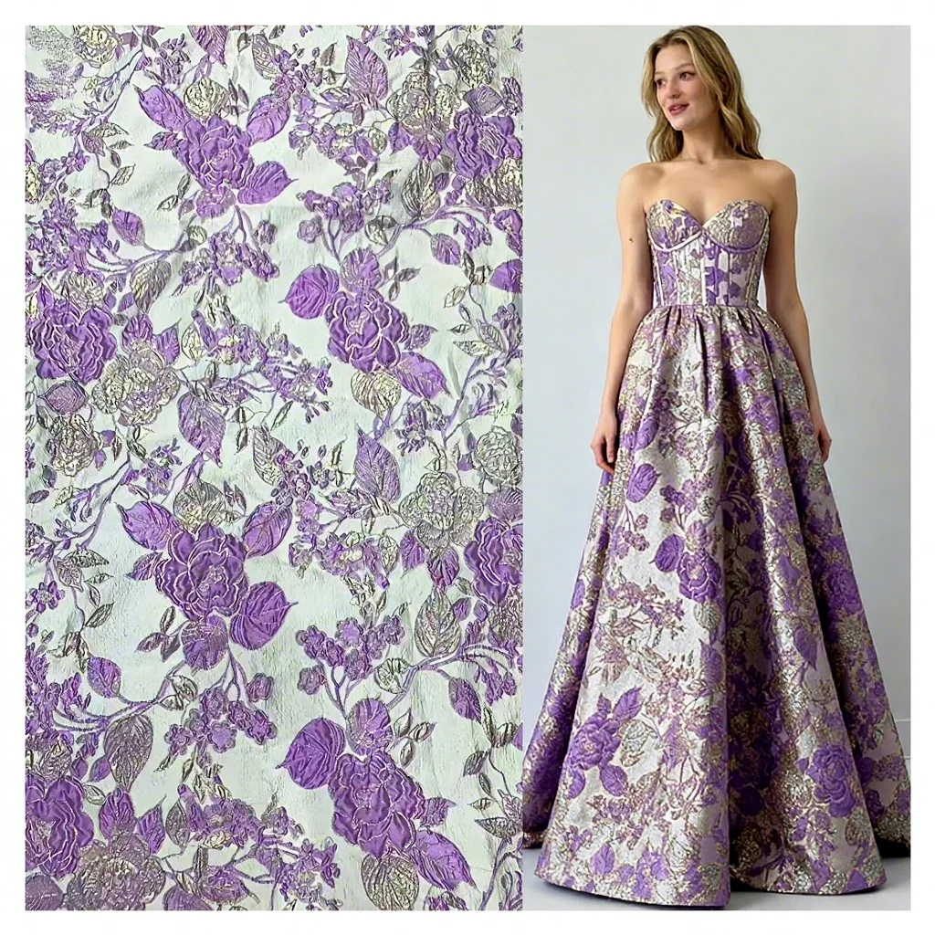 YX1242 High Quality Polyester Purple American Brocade Fabric for Pretty Dress Embossed Yarn-Dyed Brocade Jacquard Fabric